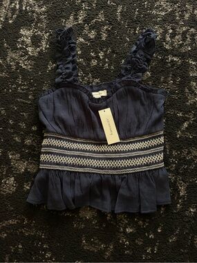 Francesca's Collections Navy Ruffle Strap Smocked Waist Tank